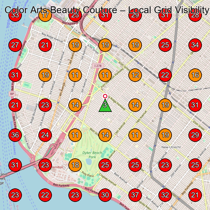 Color Arts Beauty Couture GeoGrid visibility map for Hair Salon in Brooklyn